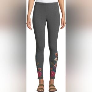 Johnny Was JWLA Gray Floral Embroidered Stretch Leggings Size Medium